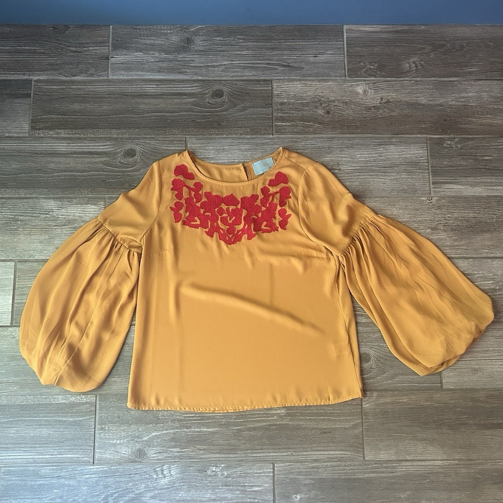 SKIES ARE BLUE Anthropologie Mustard Yellow Embroidered Blouse Women S